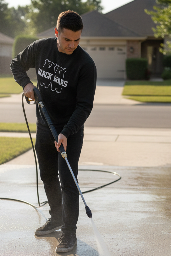 Man wearing black bears merch printed logo sweatshirt, pressure washing driveway