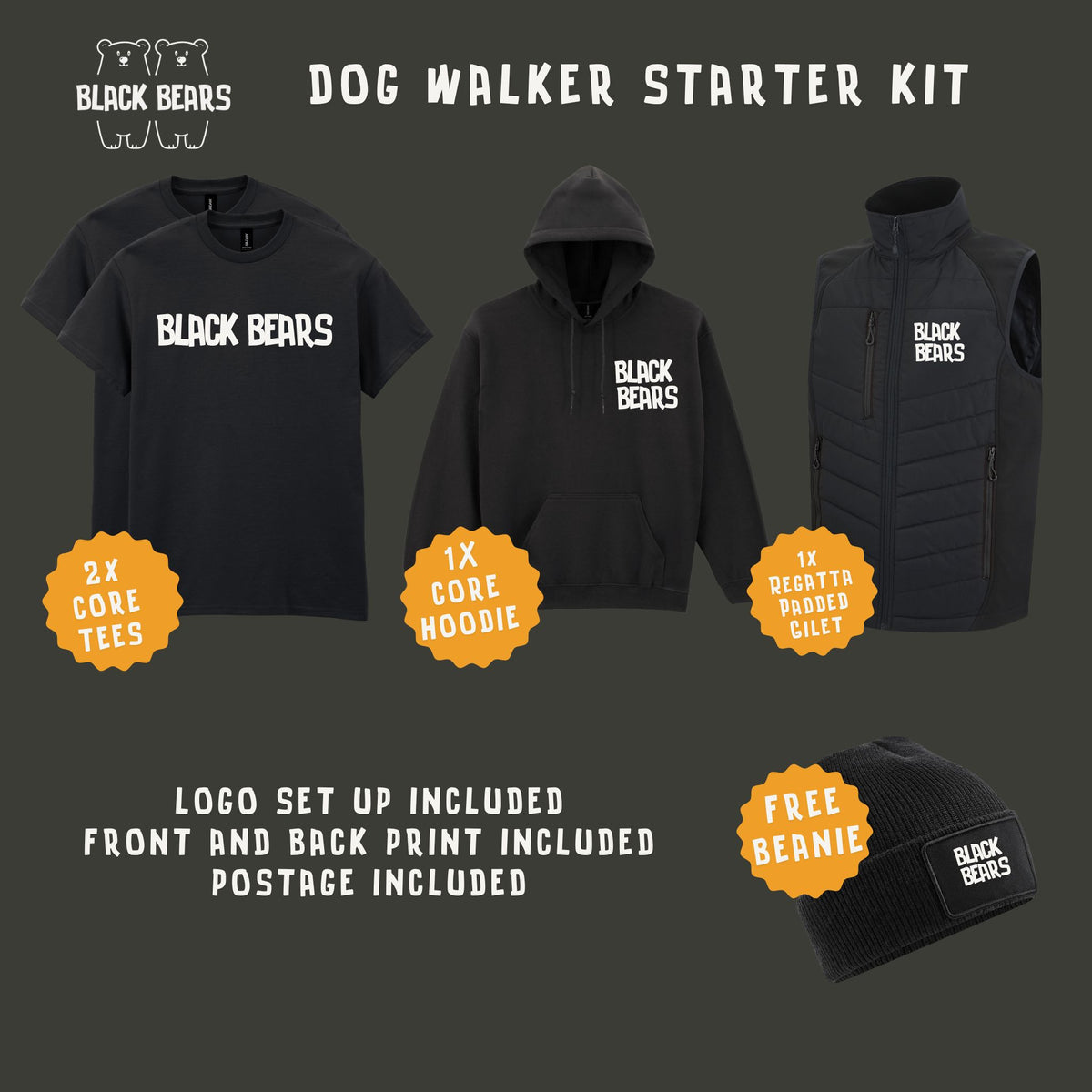 custom printed dog walker clothing bundle including tshirts, hoodie, bodywarmer and a free beanie