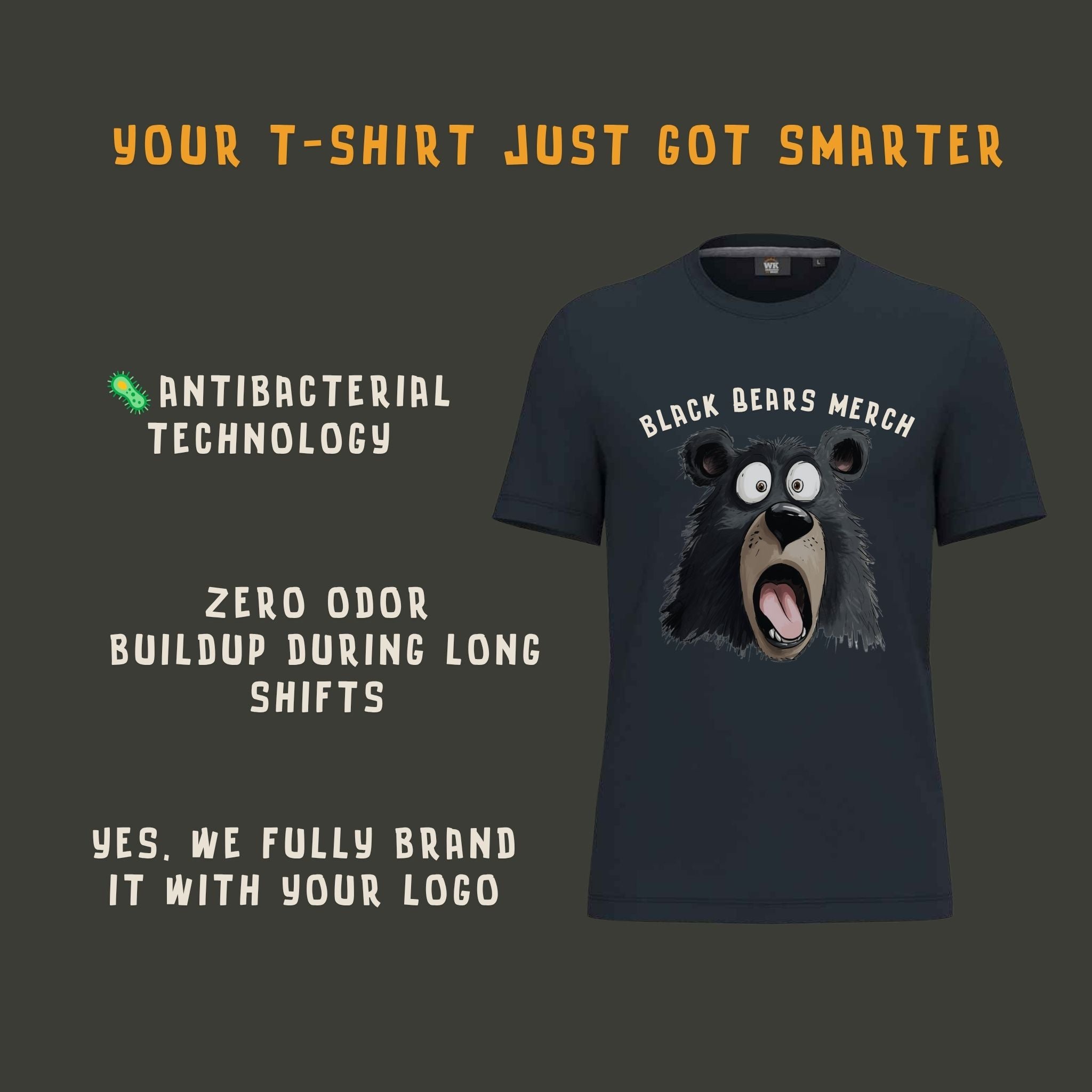 A dark navy graphic t-shirt featuring a cartoon bear face with wide eyes and its mouth open, with the text 'BLACK BEARS MERCH' above it. The image is set against a dark gray background with promotional text highlighting antibacterial technology, zero odor buildup, and custom branding.