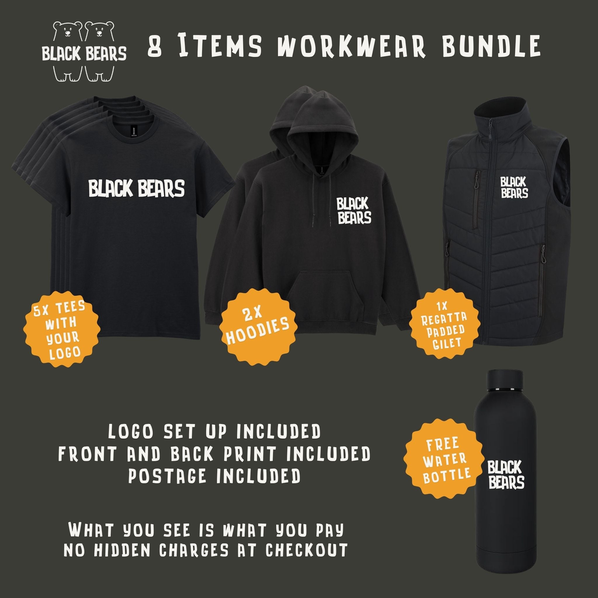 Black Bears 8-item workwear bundle featuring a black t-shirt, hoodie, and padded vest with the Black Bears logo, alongside a black water bottle. The image includes promotional text and badge overlays detailing the bundle contents and logo setup.