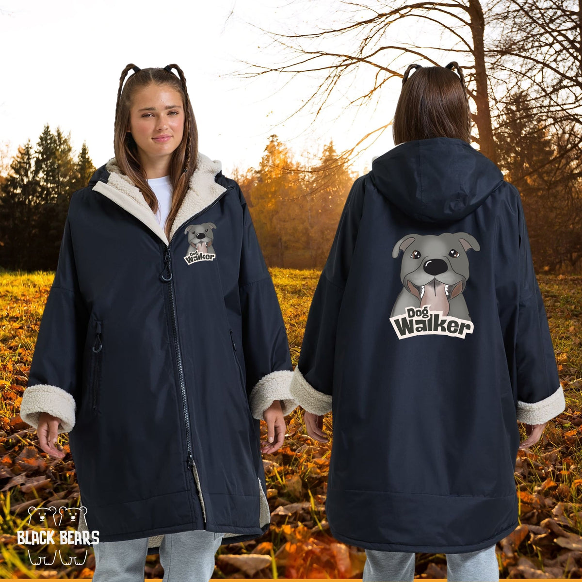 woman wearing personalised dog walking robe coat printed with dog business logo